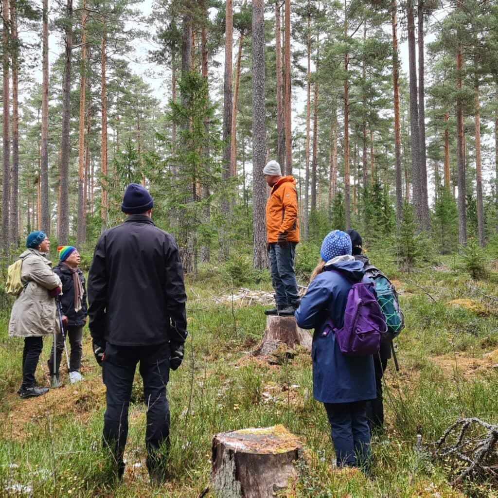 Leif Öster står på en stubbe och deltagarna i studiebesöket står runt omkring och lyssnar på honom.
