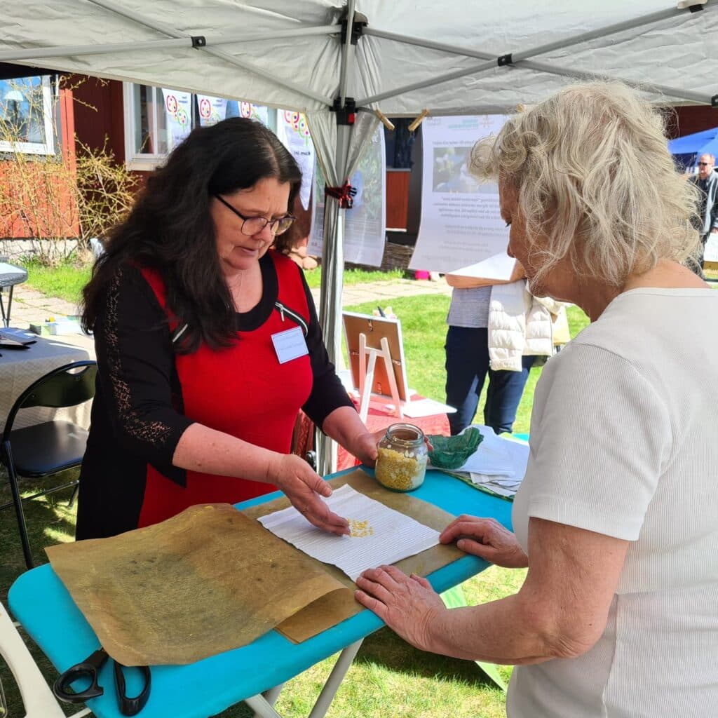 Två kvinnor gör bivaxdukar.