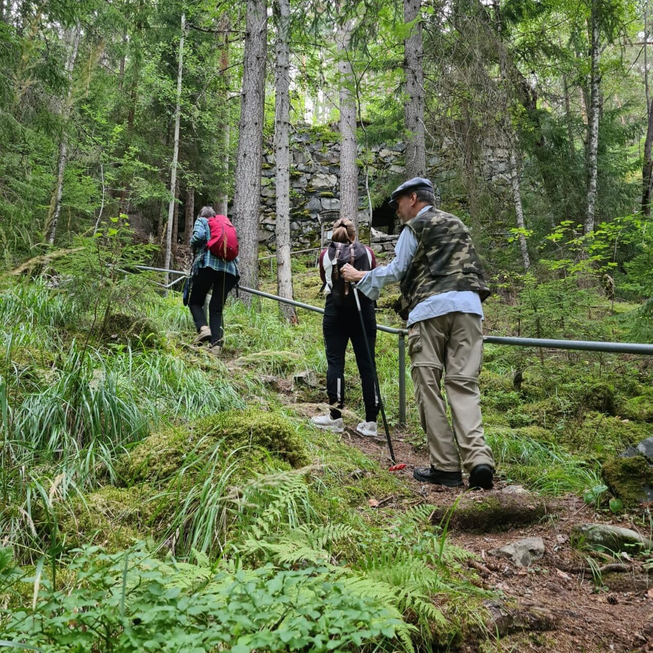 Tre personer går uppför en brant stig i vacker gammelskog.