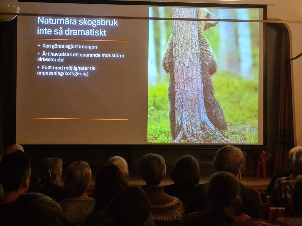 Föreläsningens publik bakifrån och på duken en bild från föreläsarens presentation.